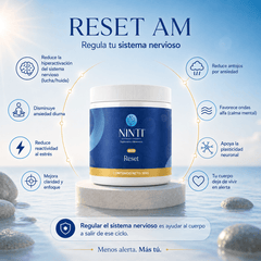 Infografía RESET Cómo funciona. Muestra cuerpo con sistema nervioso resaltado y beneficios para regular el estrés.