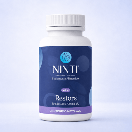 Frasco de suplemento NINTI Restore P.M., 60 cápsulas. Etiqueta azul y morada.