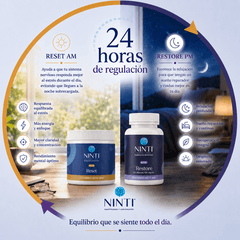 Infografía NINTI: Suplementos Reset AM y Restore PM para regulación de 24 horas y equilibrio de día y noche.