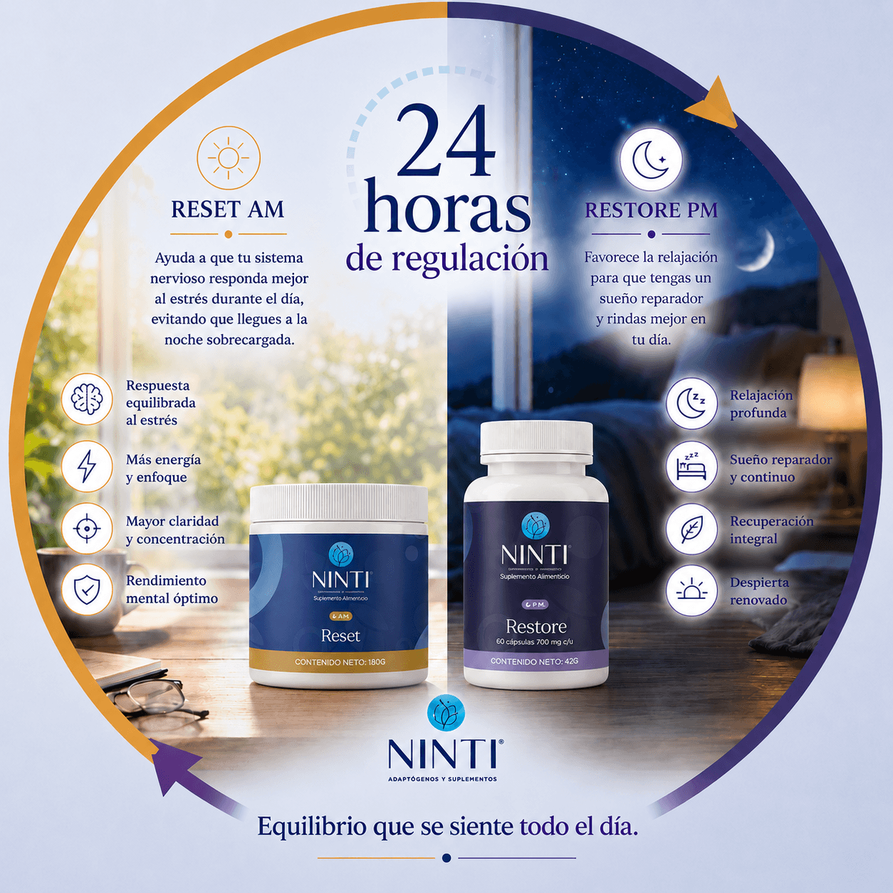 Infografía NINTI: Suplementos Reset AM y Restore PM para regulación de 24 horas y equilibrio de día y noche.