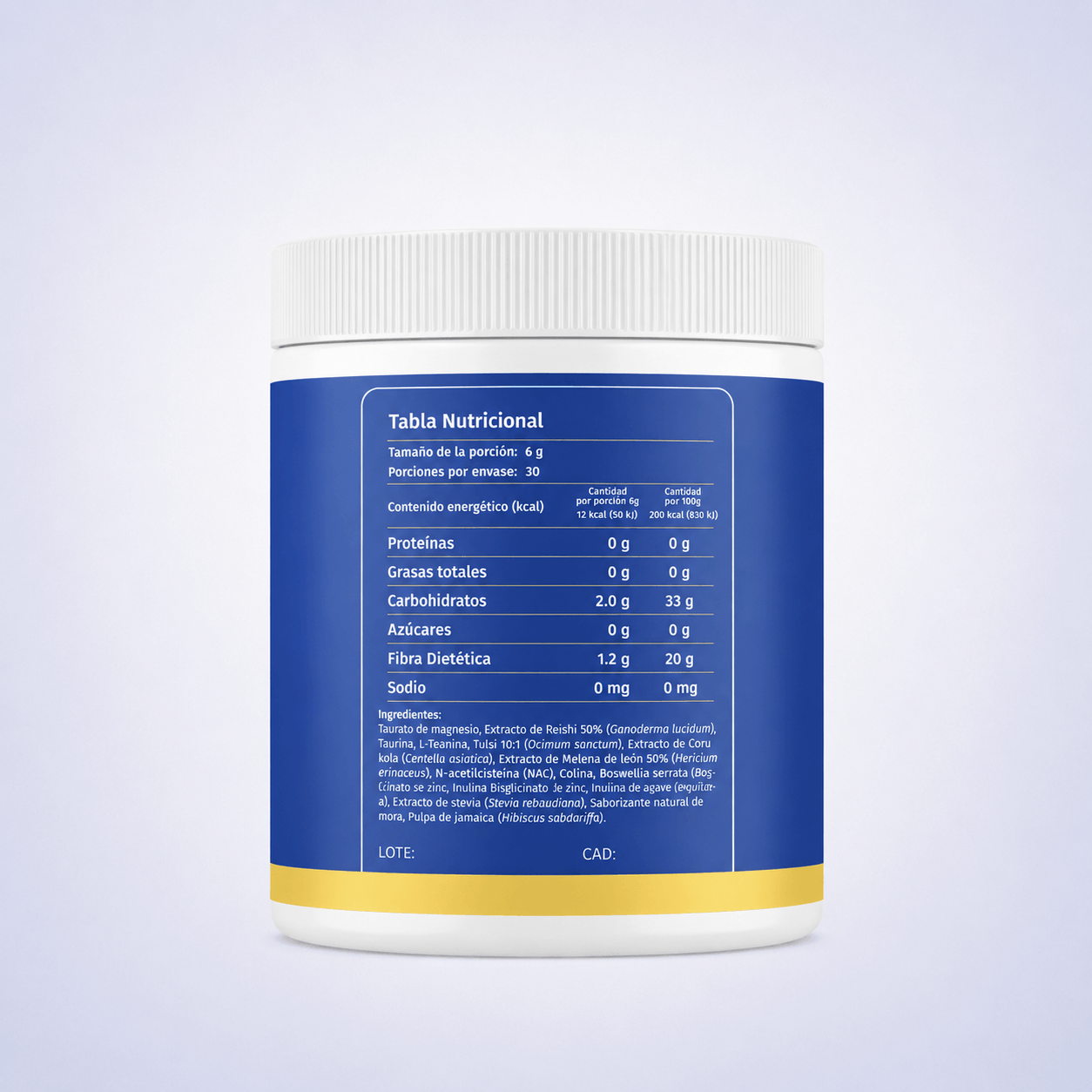 Reverso de bote de suplemento mostrando tabla nutricional e ingredientes. Etiqueta azul con franja amarilla.