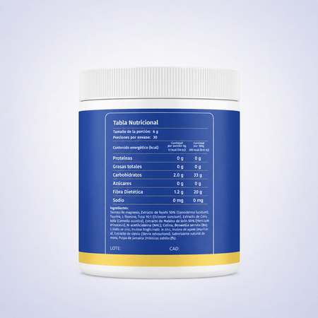 Reverso de bote de suplemento mostrando tabla nutricional e ingredientes. Etiqueta azul con franja amarilla.