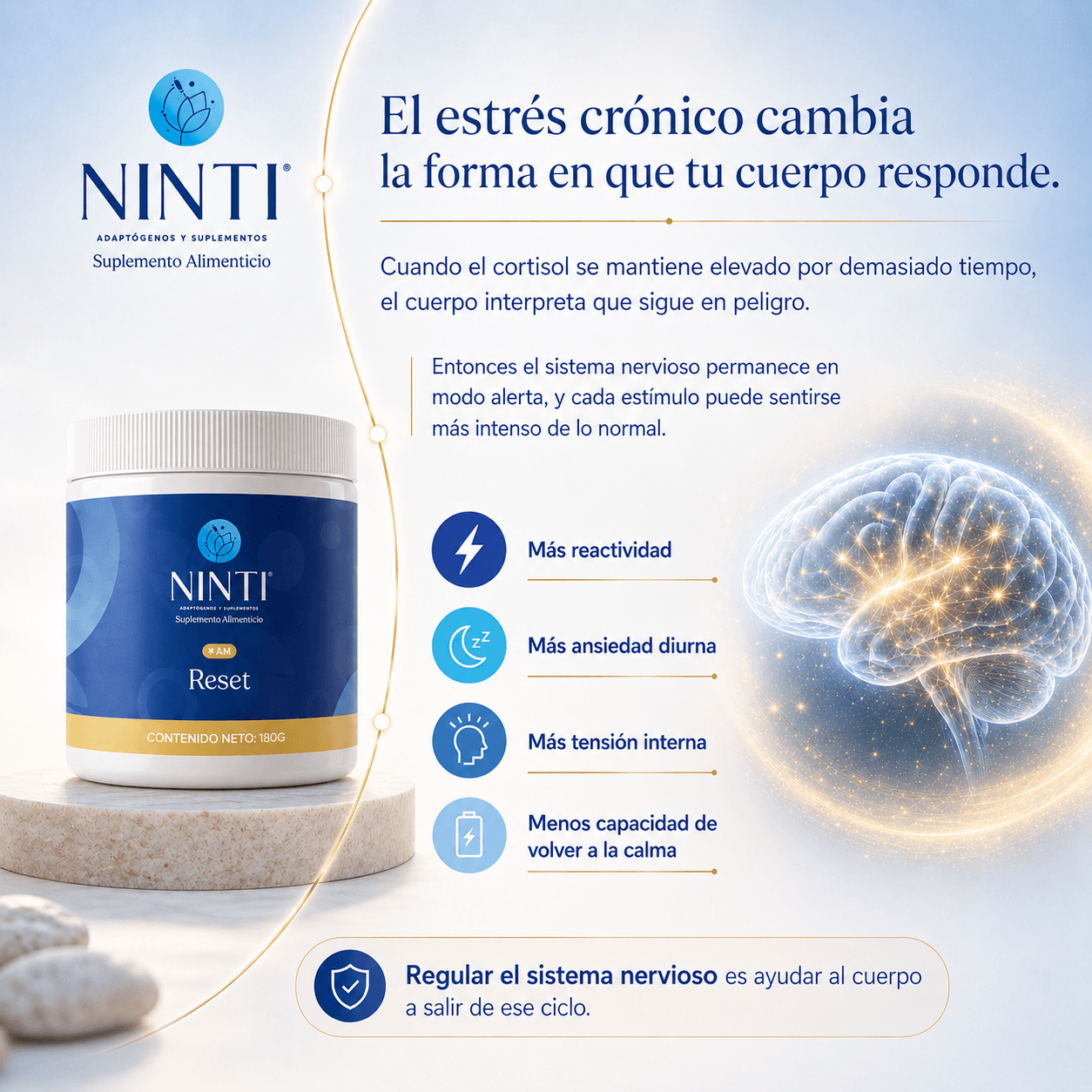 Infografía NINTI Reset AM sobre estrés crónico. Muestra bote, cerebro iluminado y lista de síntomas del cortisol.