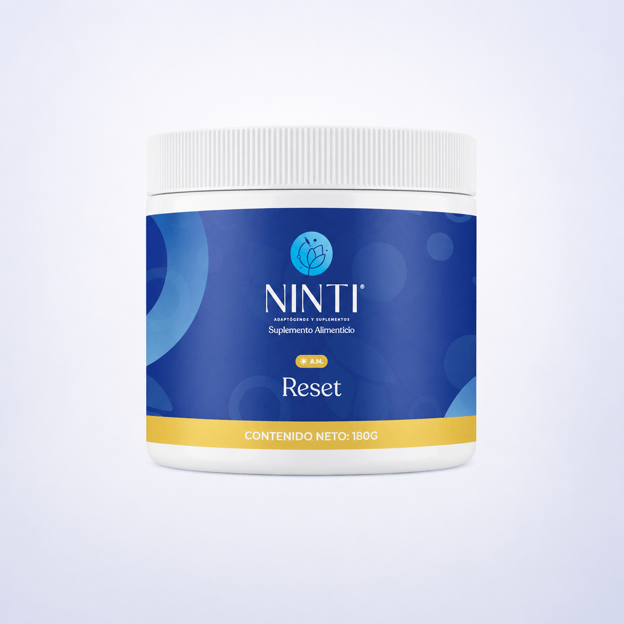Bote de suplemento NINTI Reset A.M., 180g. Etiqueta azul con franja amarilla.