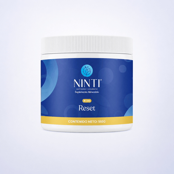 Bote de suplemento NINTI Reset A.M., 180g. Etiqueta azul con franja amarilla.