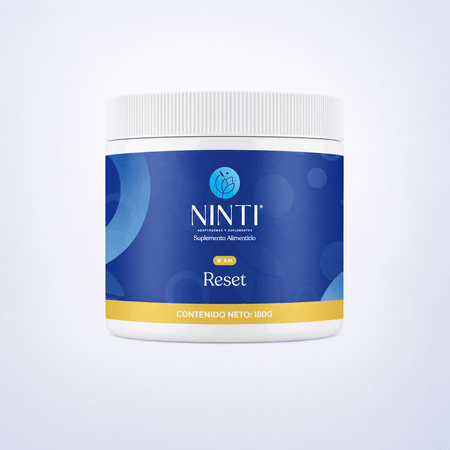 Bote de suplemento NINTI Reset A.M., 180g. Etiqueta azul con franja amarilla.