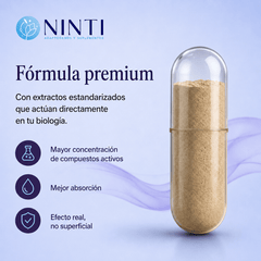 Cápsula transparente NINTI destacando su fórmula premium, alta concentración, mejor absorción y efecto real.