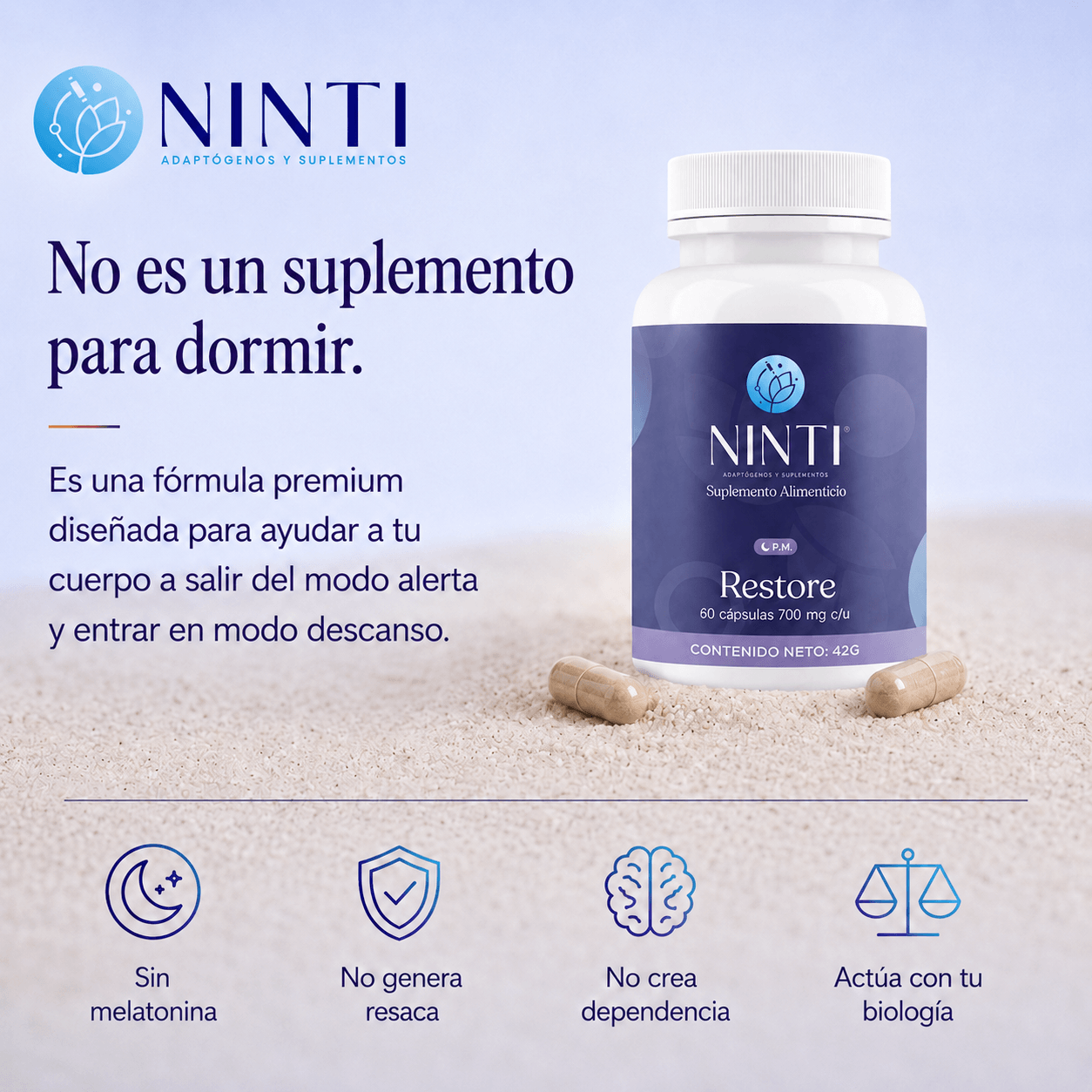 Anuncio de NINTI Restore en arena con cápsulas, texto "No es un suplemento para dormir" e íconos de beneficios.