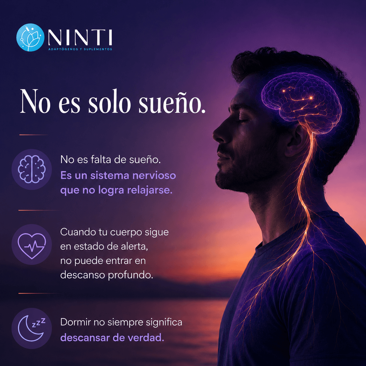 Anuncio NINTI "No es solo sueño". Muestra a un hombre con el cerebro y sistema nervioso iluminados al atardecer.