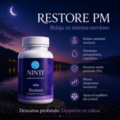 Promocional de suplemento NINTI Restore PM con fondo nocturno y lista de beneficios para mejorar el sueño.