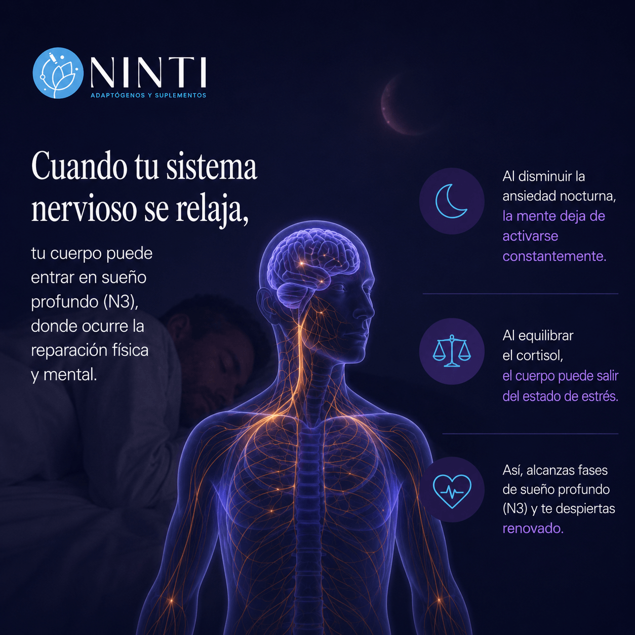 Infografía NINTI de sueño profundo. Muestra figura humana con sistema nervioso iluminado y hombre durmiendo al fondo.