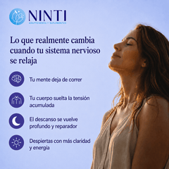 Anuncio NINTI con mujer relajada al sol y los beneficios de relajar el sistema nervioso para un descanso profundo.